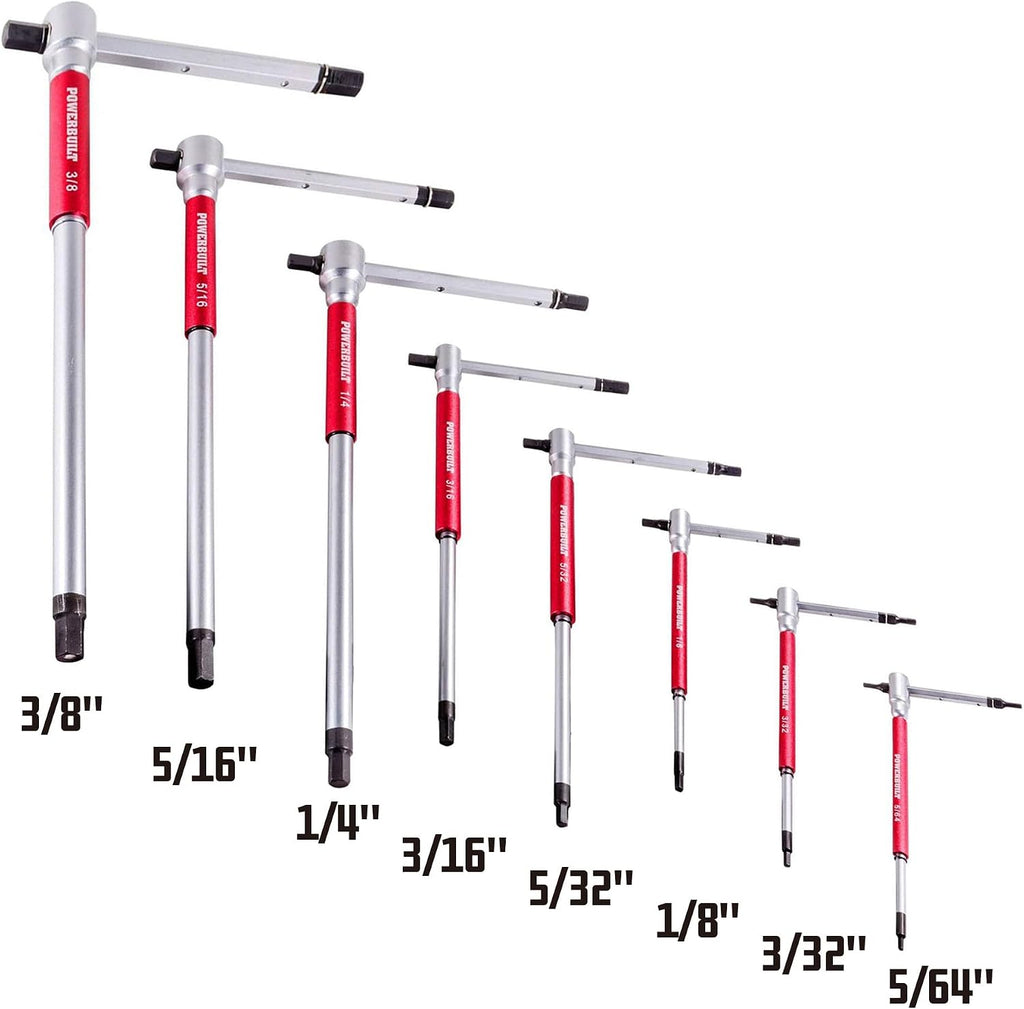 Powerbuilt 8 Pc SAE T-Handle Hex Allen Key Wrench Set w/ Speed Sleeves for Fast Spinning Action, Sliding Top Handle for 'T' or 'L' Shape, Long Shafts, Storage Rack, Auto, Bicycle, Moto - 941644 , Red