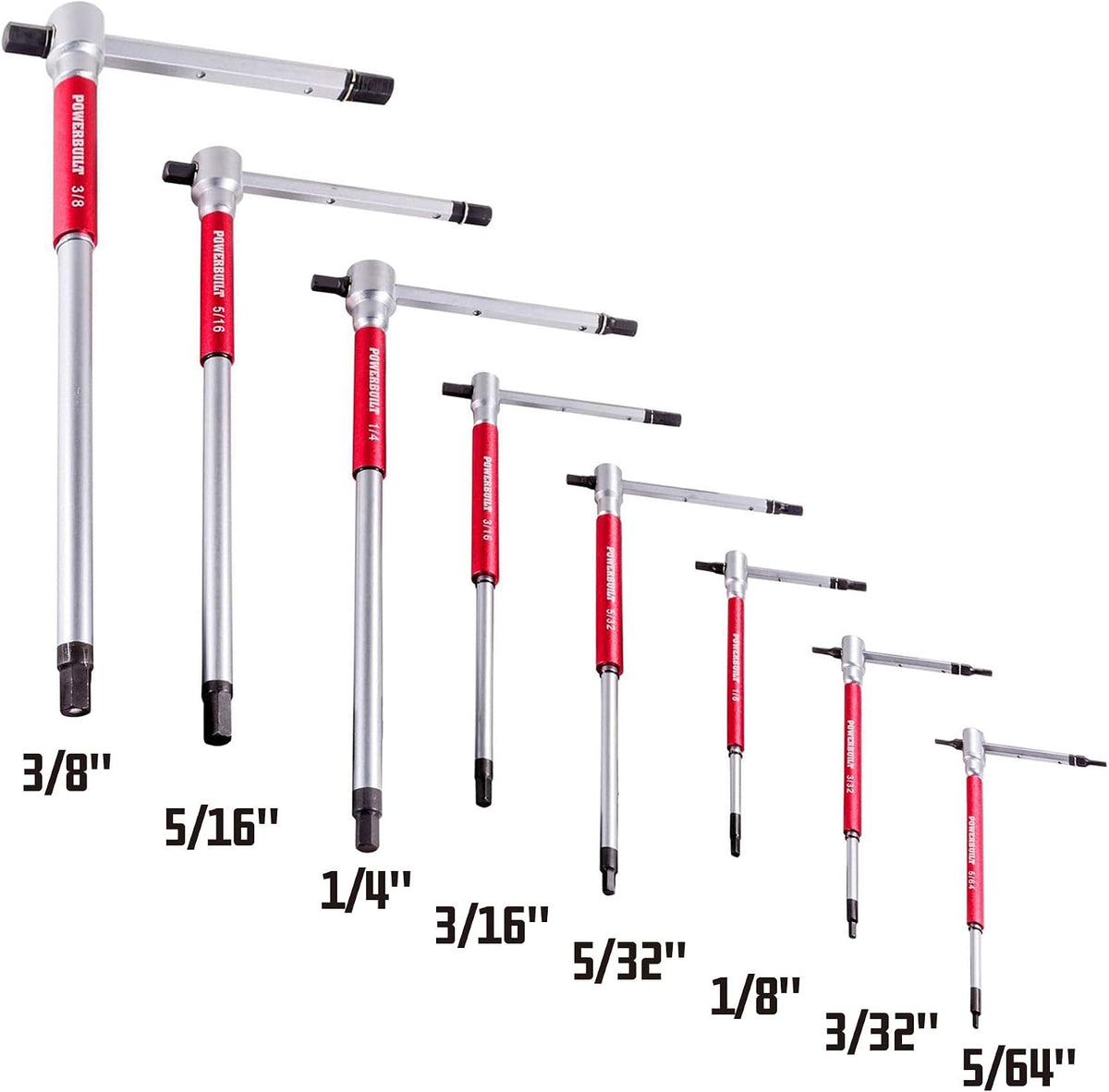 Powerbuilt 8 Pc SAE T-Handle Hex Allen Key Wrench Set w/ Speed Sleeves for Fast Spinning Action, Sliding Top Handle for 'T' or 'L' Shape, Long Shafts, Storage Rack, Auto, Bicycle, Moto - 941644 , Red