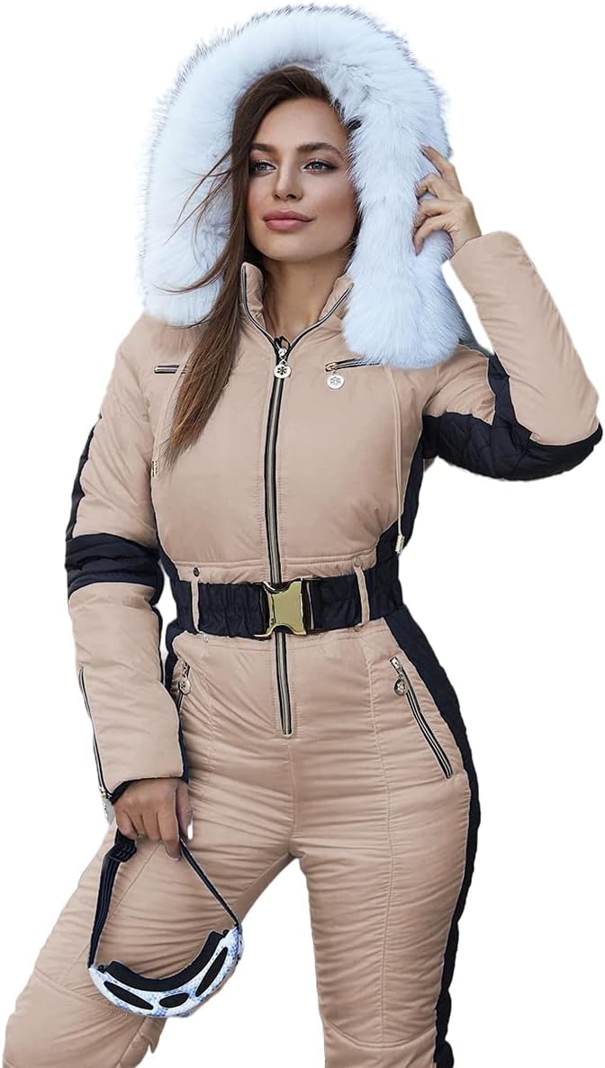 Yousify Womens Snow Suits Winter Ski Suit Onesie Outdoor Sports Waterproof Snowsuit Removable Faux Fur Collar Coat Jumpsuit