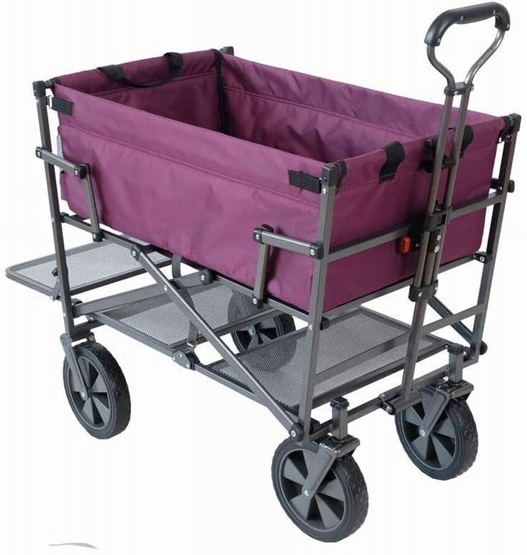 MacSports Double Decker Heavy Duty Steel Frame Collapsible Outdoor Utility Garden Cart Wagon with Lower Storage Shelf and 150 Pound Capacity, Purple