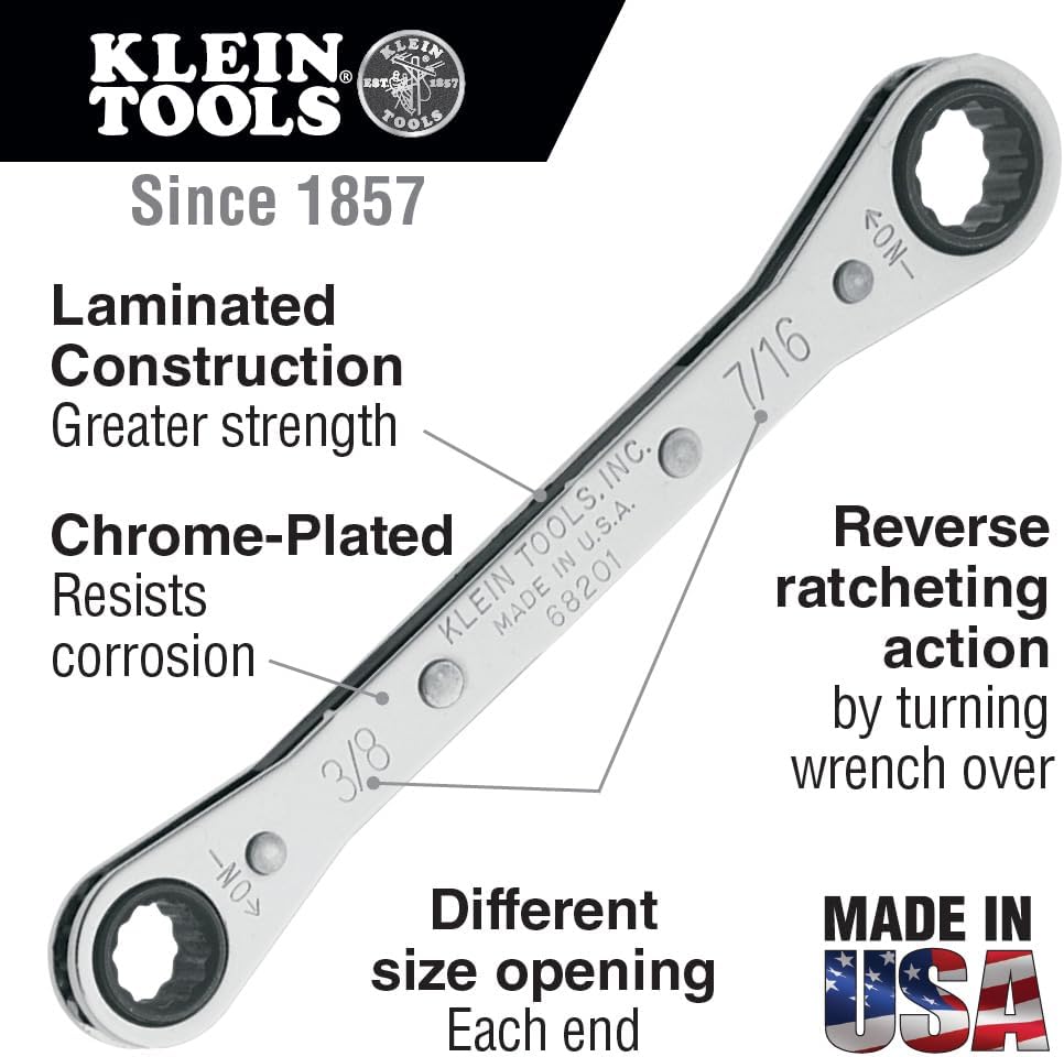 KLEIN TOOLS 68222 Ratcheting Box Wrench Set, 7-Piece, Made in USA
