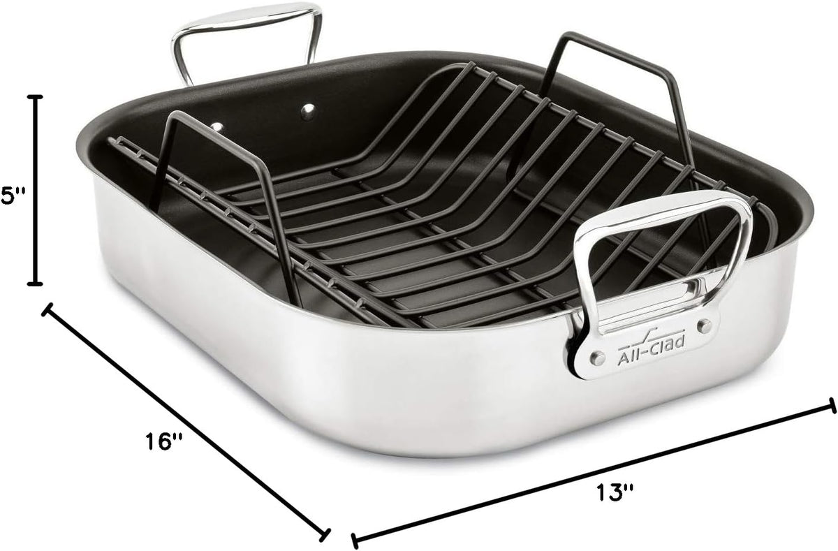 All-Clad Specialty Stainless Steel Large Roaster with Nonstick Rack 13x16 Inch Oven Broiler Safe 500F Roaster Pan, Pots and Pans, Cookware Silver