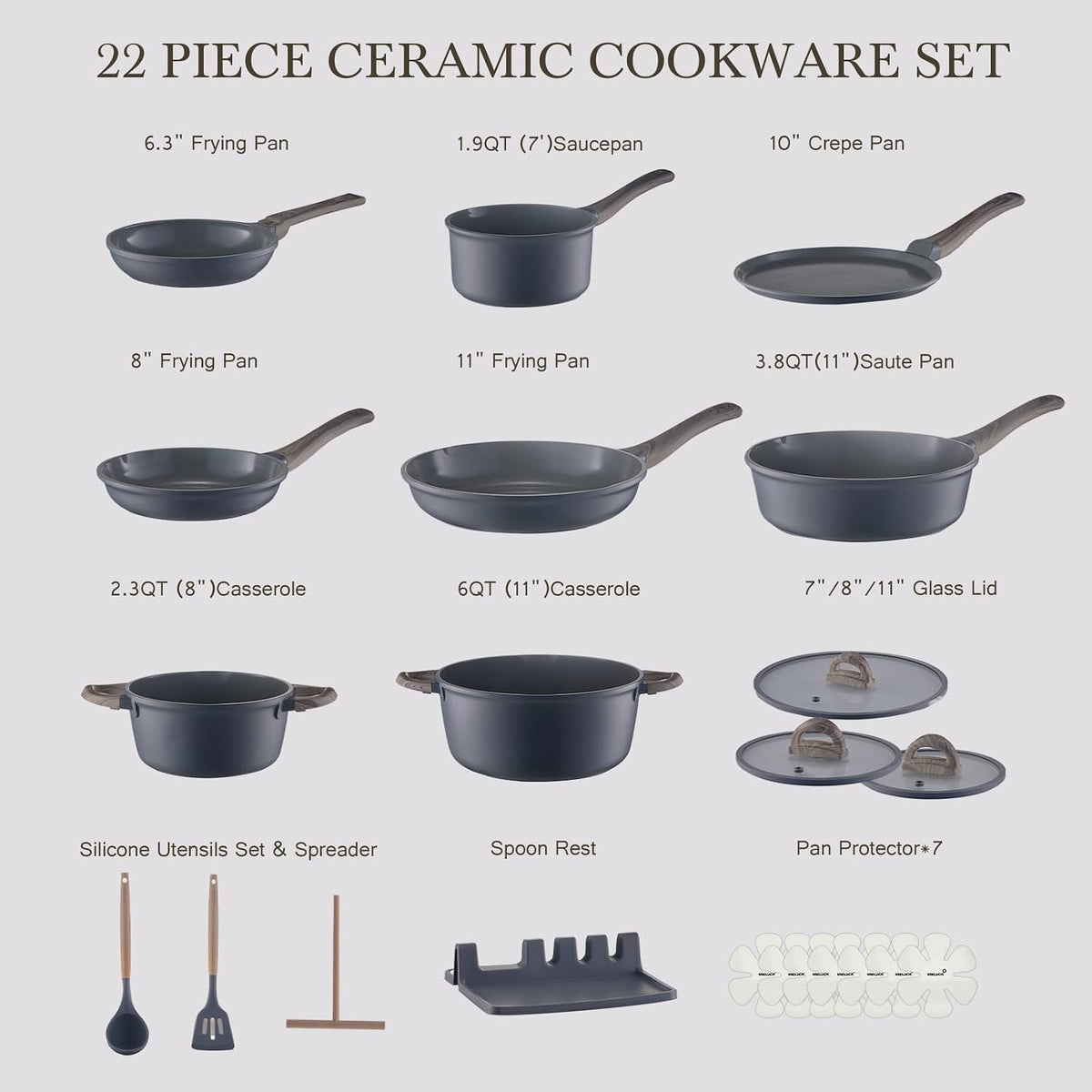 USELUCK Pots and Pans Set Non Stick Non-Toxic 22 Pcs Ceramic Cookware Sets Nonstick Kitchen Pot&Pan With Lid Stone Gray Granite Induction Compatible with Glass Lids Crepe Frying Pan PFOA/PFOS-Free