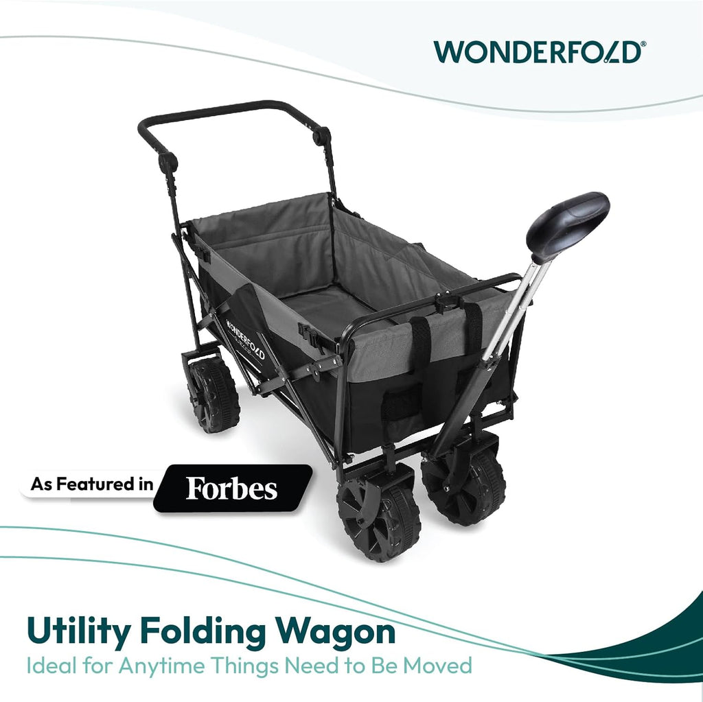 WONDERFOLD S2 Push & Pull Folding Utility Cart with Wide Beach Tires, Adjustable Push Handle, Telescopic Pull Handle with Spring Bounce Technology & Storage Pouch, Black/Gray