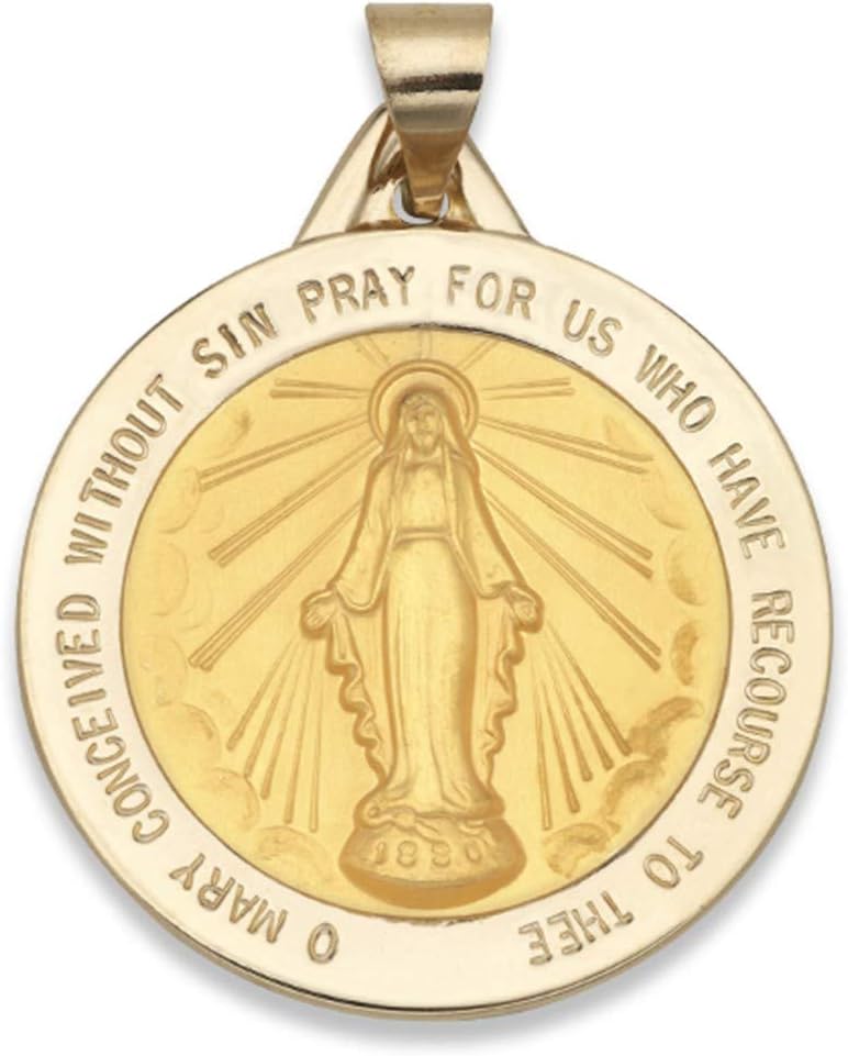 14k Yellow Gold and White Gold Polished Miraculous Virgin Mary Double Sided Pendant Medal Necklaces
