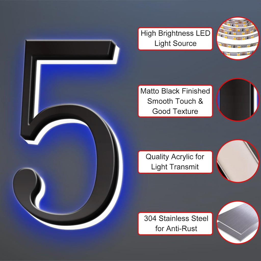 House Numbers, Backlit LED Address Numbers, Modern Lighted House Numbers, Lighted Up House Numbers For Outside, Black Case With Blue Lights.,20,2