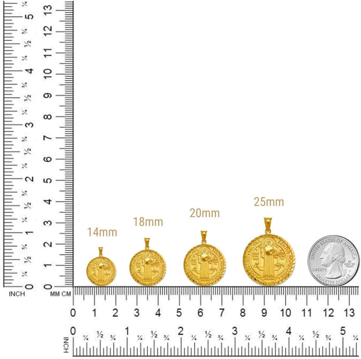 JEWELHEART 14K Real Gold Saint Benedict Medals 14mm 18mm 20mm 25mm Diamond Cut San Benito Pendant Charm For Men Women Religious Medallion Two Sided