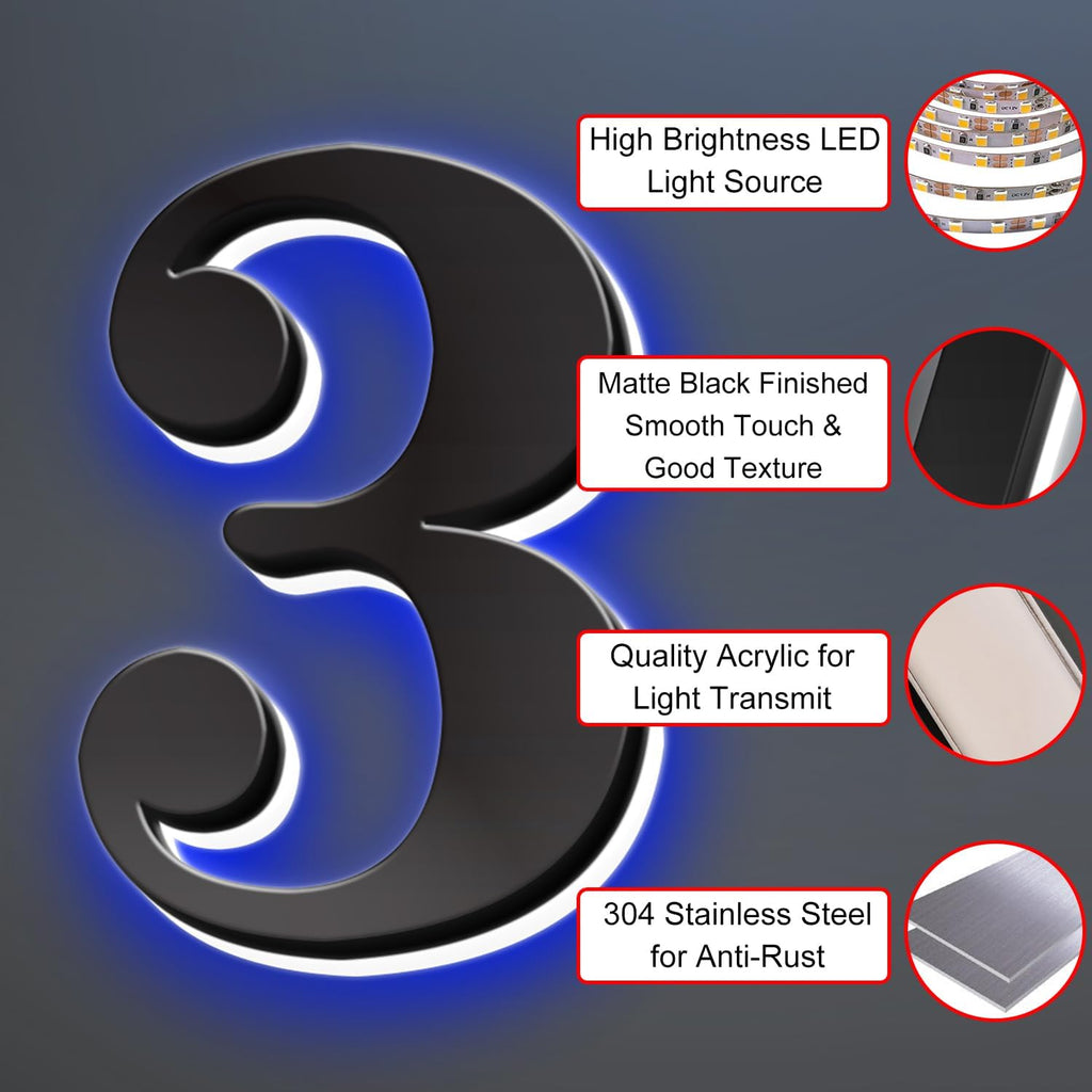 Illuminated LED House Numbers, Stainless Steel, Backlit LED Illuminated Home Address Number, Up-Scale Modern Look, Lighted House Numbers, Modern Address Numbers,18 Inch/450mm,6