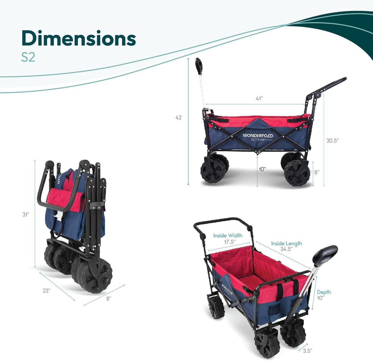 WONDERFOLD S2 Push & Pull Folding Utility Cart with Wide Beach Tires, Adjustable Push Handle, Telescopic Pull Handle with Spring Bounce Technology & Storage Pouch, Navy/Red