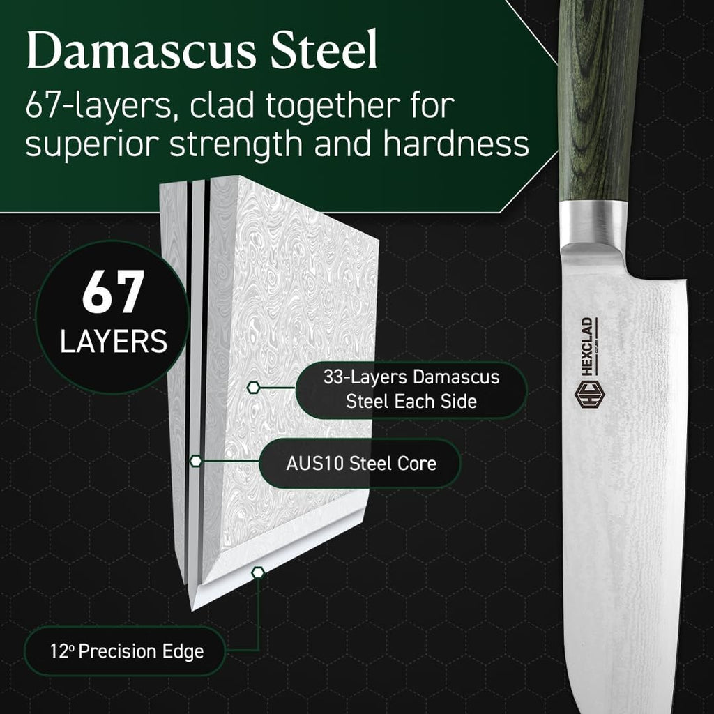 HexClad 7 Inch Japanese Damascus Stainless Steel Santoku Knife, Full Tang Construction, Pakkawood Handle