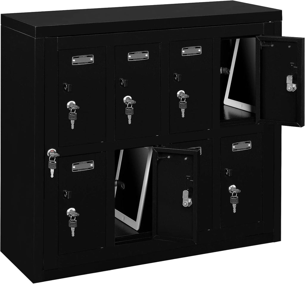 Global Industrial 2-Tier 8 Door Tablet & Cell Phone Locker with Keyed Lock & Hasp, Steel Construction, 28-1/2'W x 11-1/4'D x 26-3/4'H, Black Powder Coat, Assembled