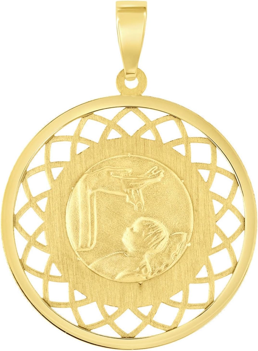 Jewelry America 14k Yellow Gold Religious Baptism Christening On Round Open Ornate Medal Pendant with Cuban Chain Curb Necklace