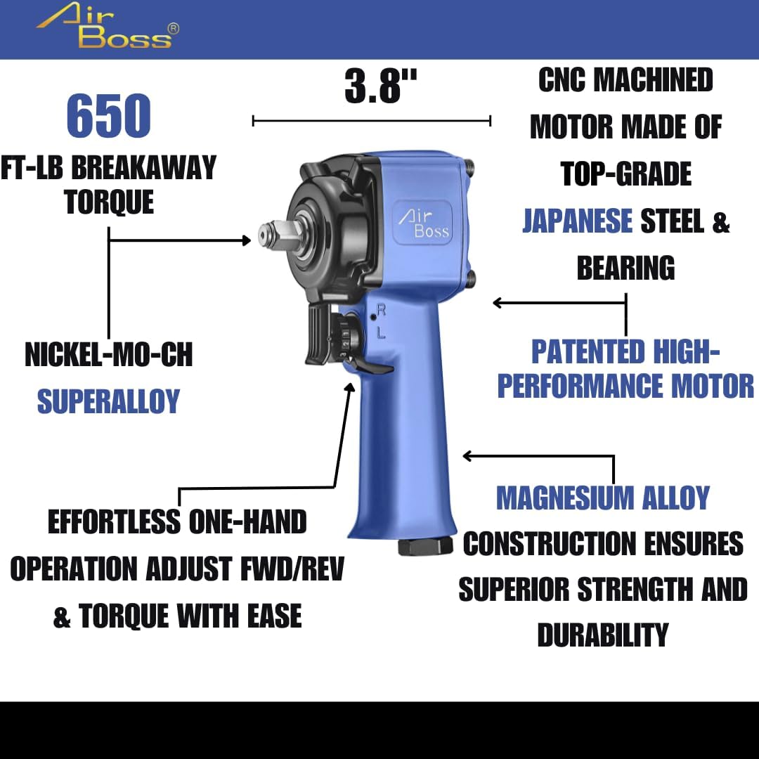 Airboss AW-90J 1/2-Inch Stubby Air Impact Wrench, 600 ft-lbs Breakaway Torque, Jumbo Hammer, Magnesium Alloy, High Torque Compact Lightweight Pneumatic Tool for Confined Auto Repair