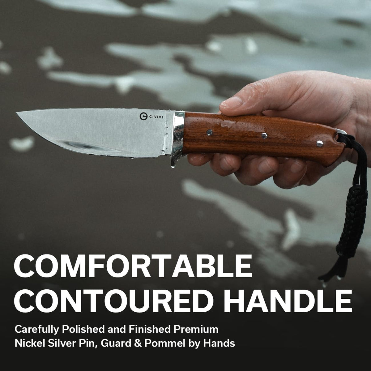 CIVIVI EDC Fixed Blade Knife with Leather Sheath, 4.6' Nitro-V Blade Wood Handle, Full Tang Cloud Peak Knife with Lanyard and Nickel Silver Guard C23044-3 (Wood)