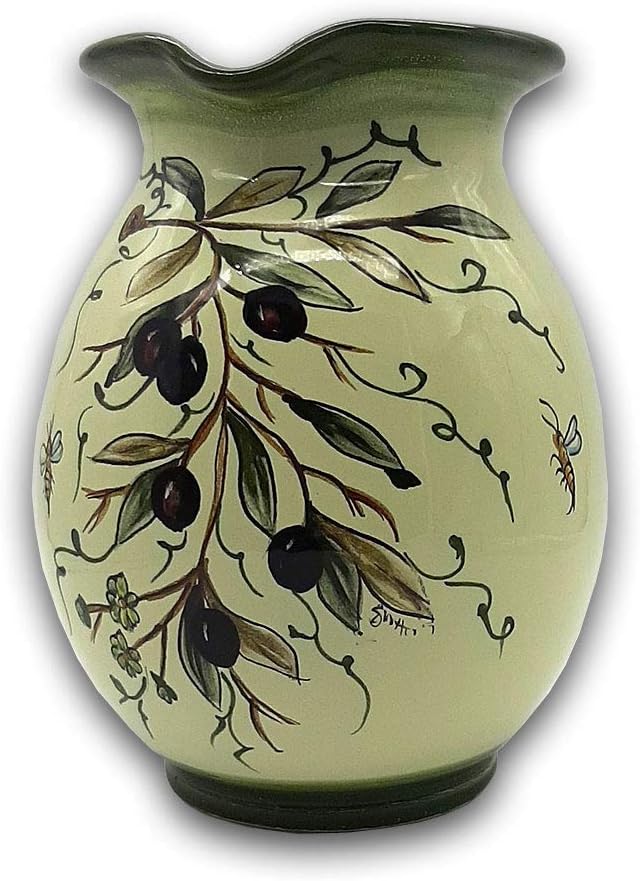 Italian Ceramic Pitcher Olive Design - 33 oz Hand Painted Utensil Holder Or Carafe Design for Kitchen - Made in ITALY Tuscany - Italian Pottery Vase Jar for Wine - Home Decor Ceramics Dispenser