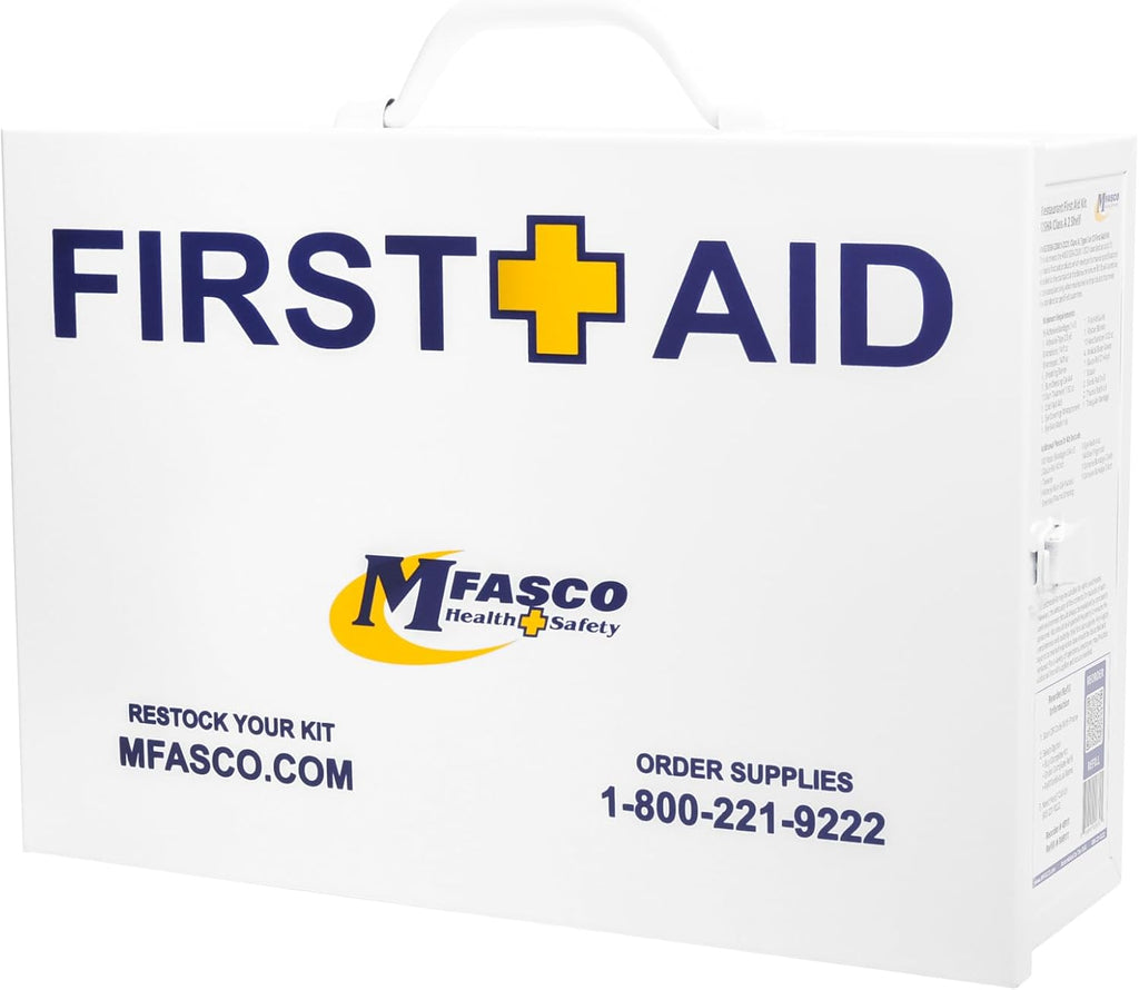 MFASCO Restaurant First Aid Kit - 2 Shelf Metal Cabinet, OSHA 2021 Class A - Catering, Food Service Areas, Food Trucks - Metal First Aid Cabinet Wall Mount for Businesses - Burn Care & Blue Bandages