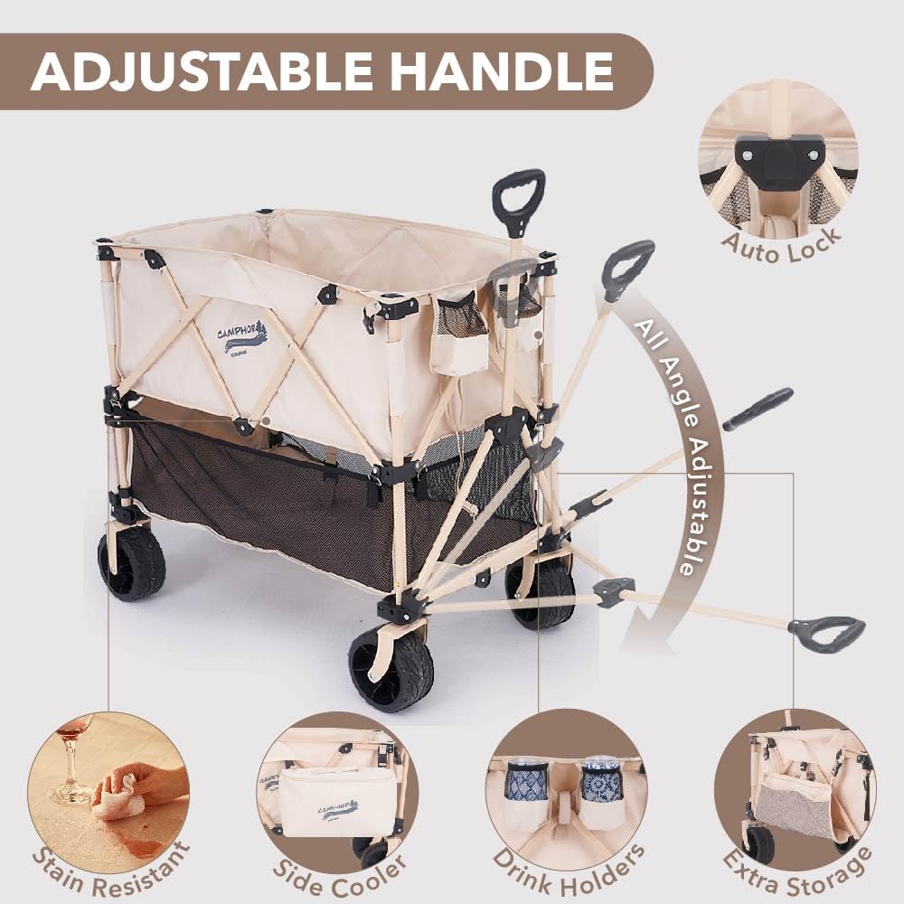 Camphor Designs 400L Collapsible Folding Double Decker Beach Wagon |Heavy Duty Utility Cart Extender|Supports 450lbs|All-Terrain Big Wheels with Breaks for Sports Camping (Beige/Beige)