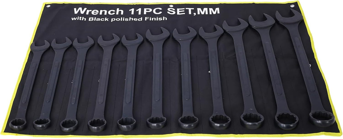 11PC Jumbo Combination Wrench Set, Metric, 34-50mm, Extra Large Combination Wrench Sets, Black Oxide Finish with Pouch (11PC-Metric)