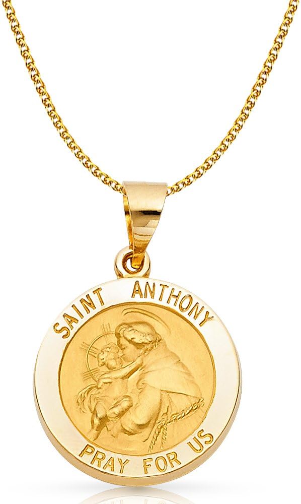14K Yellow Gold St. Anthony Charm Medal Pendant with 1.7mm Flat Open Wheat Chain
