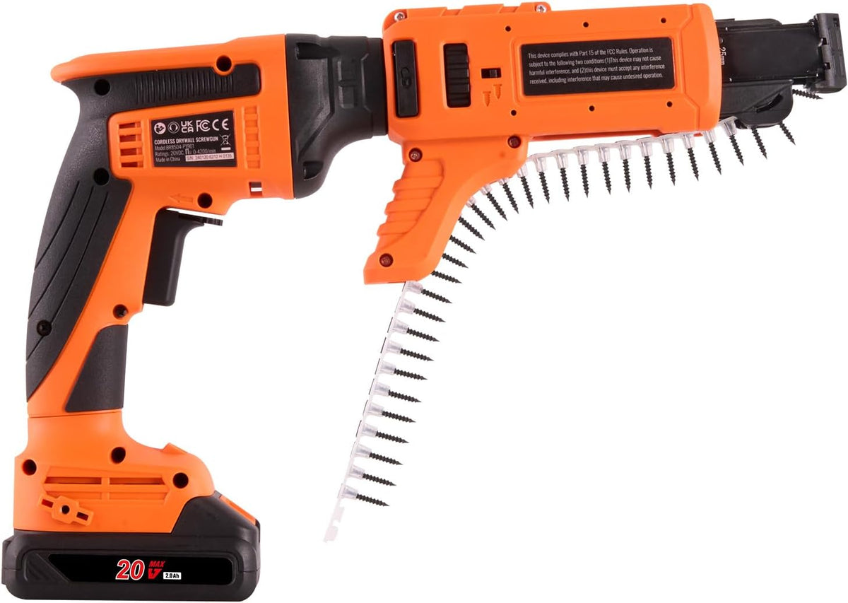 VEVOR Drywall Screw Gun Auto-Feed, 20V Max Collated Drywall Screwgun, 4200RPM Brushless Cordless Drywall Gun Kit with 2 Battery Packs, Belt Clip, Charger, Tool Bag, Screw Length and Depth Adjustable