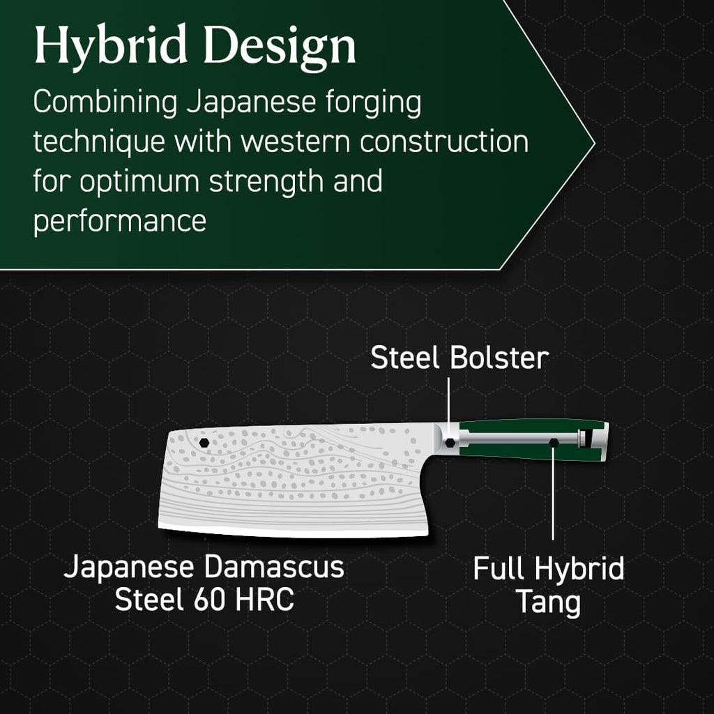 HexClad 7 Inch Japanese Damascus Stainless Steel Cleaver Knife, Full Tang Construction, Pakkawood Handle