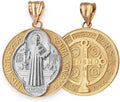 LA BLINGZ 14K Two-Tone Yellow Gold Saint Benedict Medal Reversible Pendant Necklace
