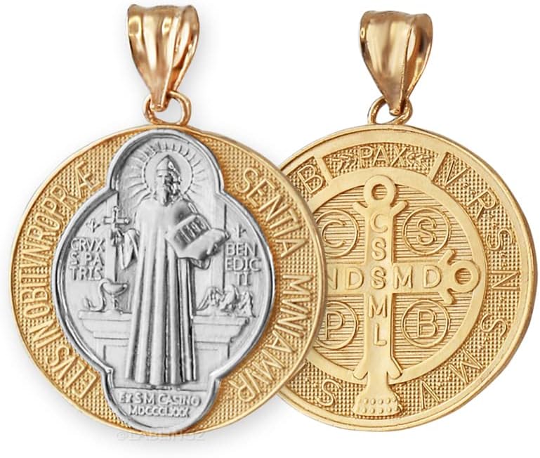 LA BLINGZ 14K Two-Tone Yellow Gold Saint Benedict Medal Reversible Pendant Necklace
