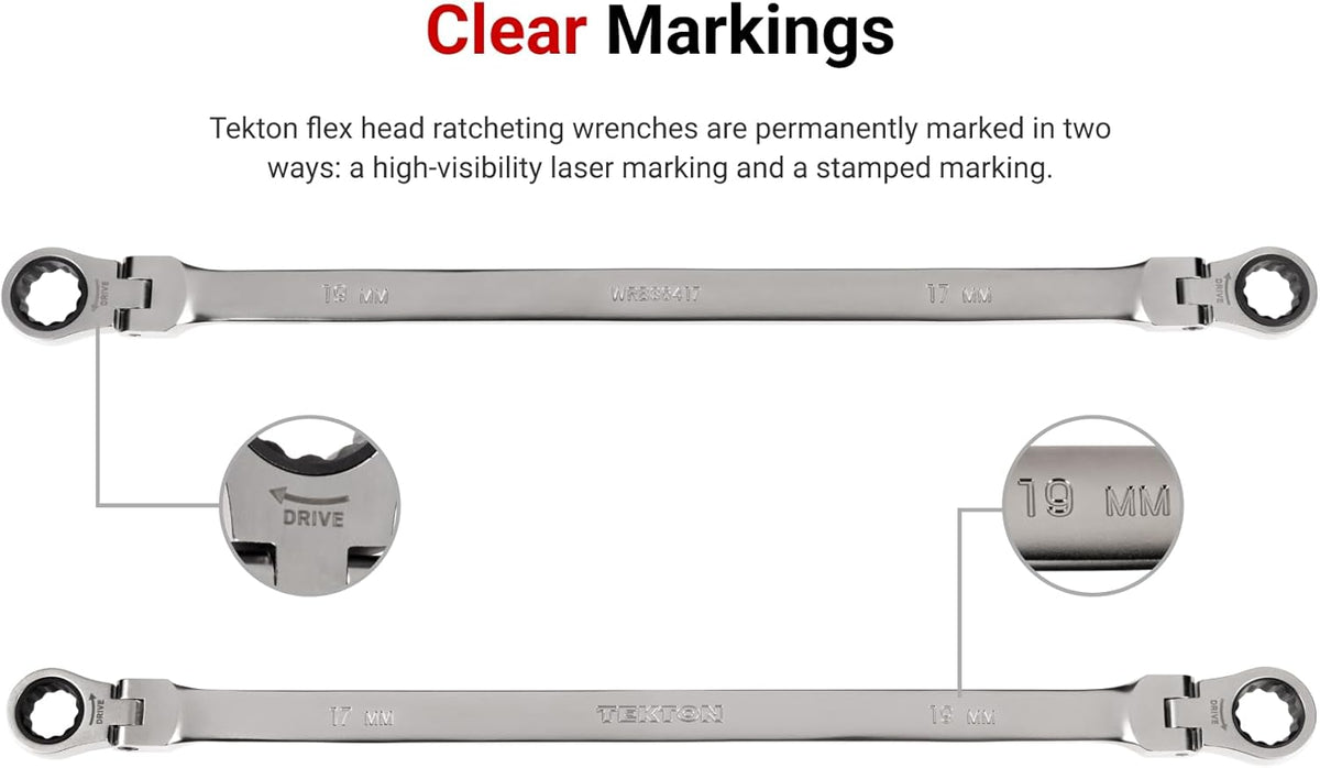 TEKTON Long Flex Head 12-Point Ratcheting Box End Wrench Set, 7-Piece (6-19 mm) | WRB96001