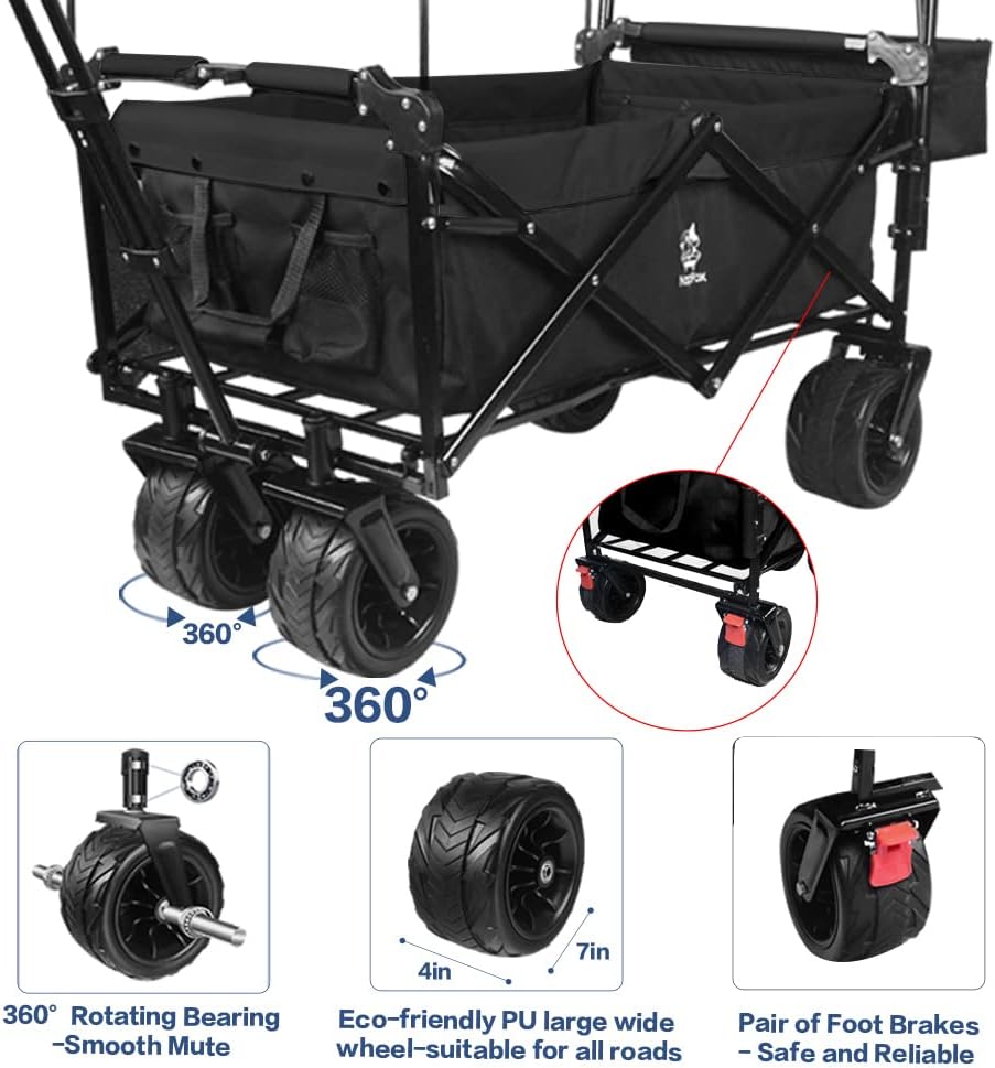 Collapsible Wagon Heavy Duty Folding Wagon Cart with Removable Canopy, 4' Wide Large All Terrain Wheels, Brake, Adjustable Handles,Cooler Bag Utility Carts for Outdoor Garden Beach