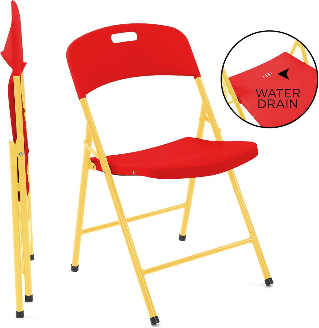 Creative Outdoor Folding Table and Chairs, 6 Ft, Built-in Wheels, Portable Durable Plastic (Red & Yellow)