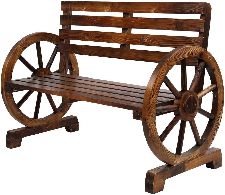 Patio Garden Wooden Wagon Wheel Bench Rustic Wood Design Outdoor Furniture