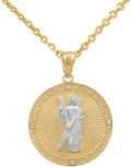 10k Two-Tone Gold Saint Andrew the Apostle Diamond Round Medal Charm Necklace (Small)