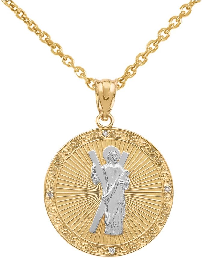 10k Two-Tone Gold Saint Andrew the Apostle Diamond Round Medal Charm Necklace (Small)