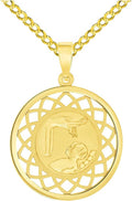 Jewelry America 14k Yellow Gold Religious Baptism Christening On Round Open Ornate Medal Pendant with Cuban Chain Curb Necklace