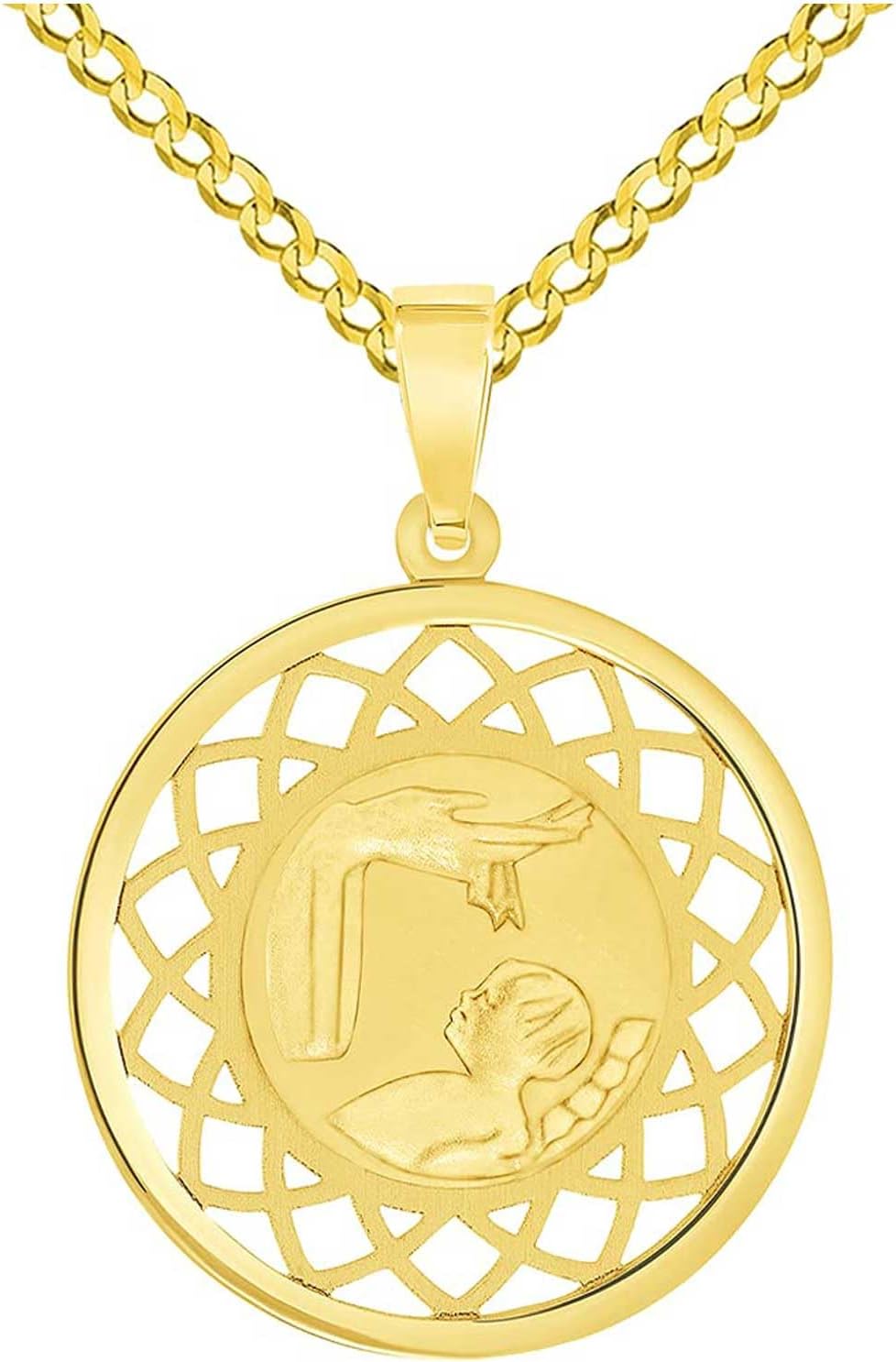 Jewelry America 14k Yellow Gold Religious Baptism Christening On Round Open Ornate Medal Pendant with Cuban Chain Curb Necklace
