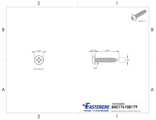 #14 x 1-1/4' Pan Head Sheet Metal Screws, Stainless Steel 18-8, Full Thread, Bright Finish, Self-Tapping, Quantity 1000 By Fastenere