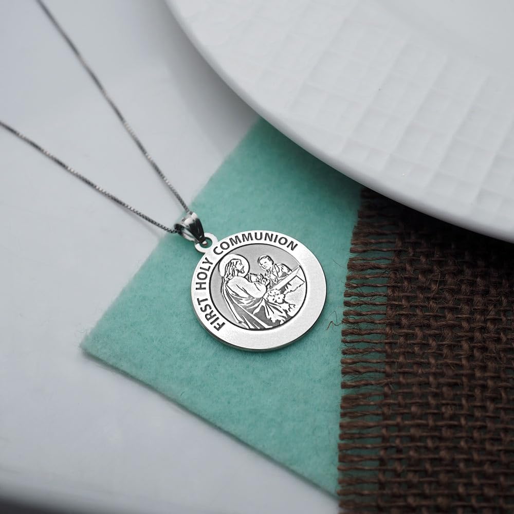 PicturesOnGold.com First Holy Communion Religious Medal (for a Boy) - 2/3 Inch (Size of a Dime) Solid 14K White Gold