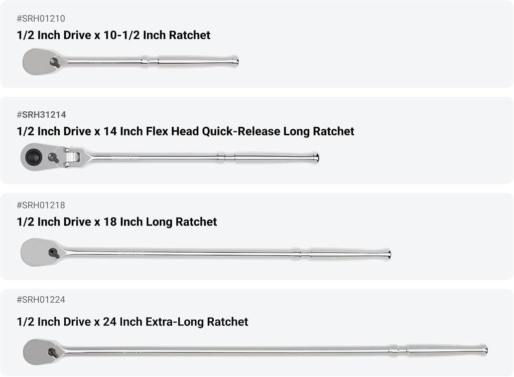 TEKTON 1/4, 3/8, 1/2 Inch Drive Non-Quick-Release Ratchet and Breaker Bar Set (15-Piece) | SDR99901