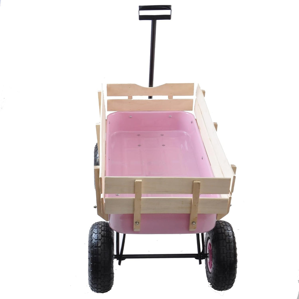 Outdoor Heavy Duty Wagon Cart for All Terrain Pulling, Steel Wagon Frame Removable Wooden Panels Adjustable Handle Air Tires Sport Wagon for Kids Camping Garden, Max. Load 176 lbs, Pink
