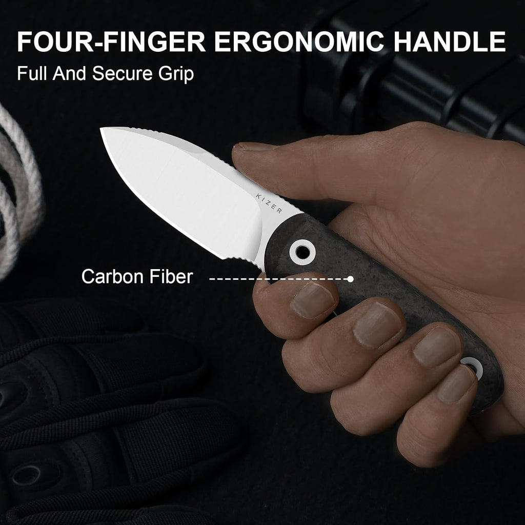Kizer Drop Bear Fixed Blade Knife, 2.57' M390 Satin Blade EDC Camping Knife with Black Carbon Fiber Handle & Built-in Tools, Outdoor Small Hunting Survival Knives with Kydex Sheath, 1094A3