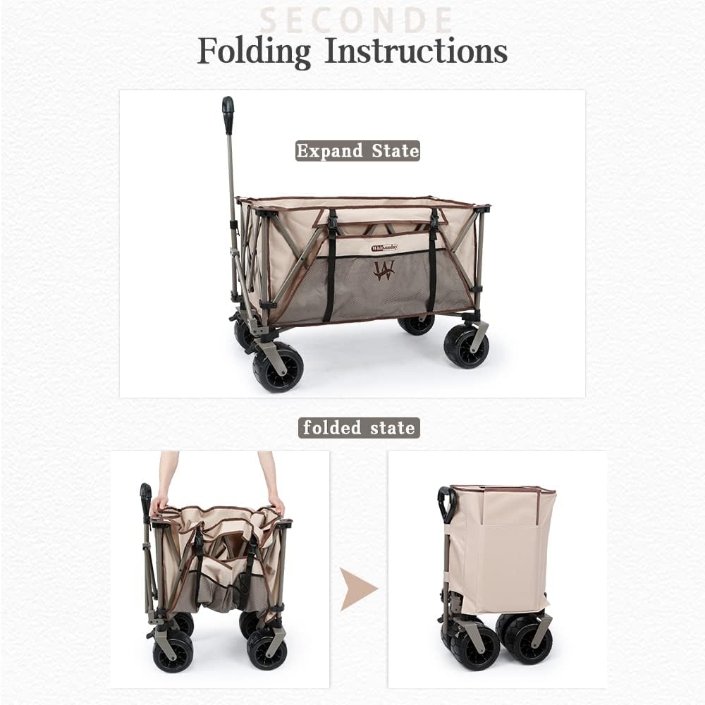 Whitsunday Heavy Duty Collapsible Wagon Cart, 380lb Load-Bearing Utility Wagon Cart with Big All Terrain Wheels, Folding Outdoor Wagon with Side Pocket for Beach, Camping, Outdoor Beige