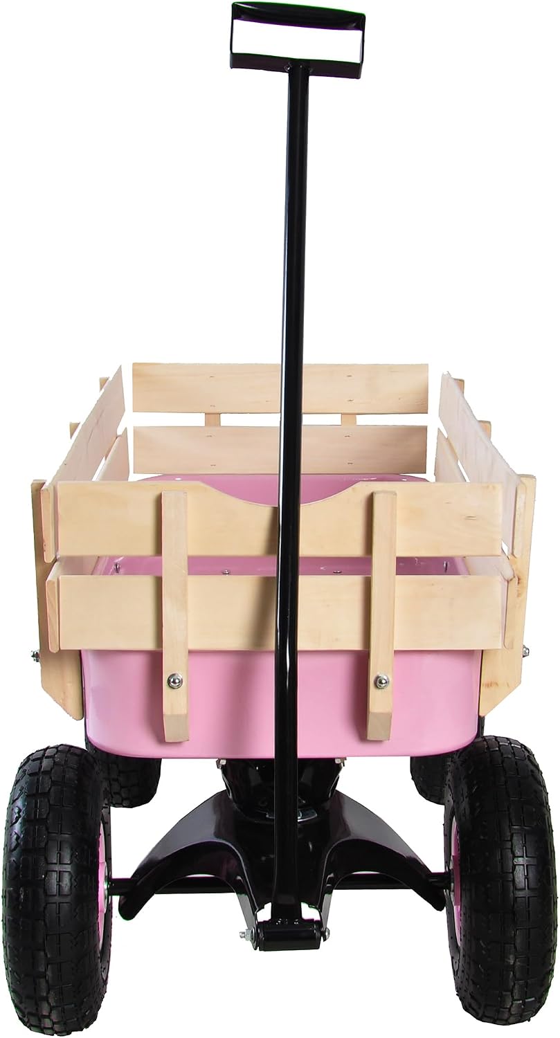 Outdoor Heavy Duty Wagon Cart for All Terrain Pulling, Steel Wagon Frame Removable Wooden Panels Adjustable Handle Air Tires Sport Wagon for Kids Camping Garden, Max. Load 176 lbs, Pink