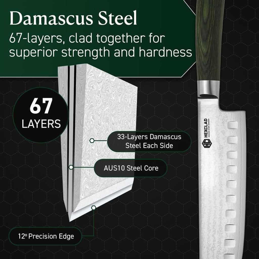 HexClad 6.5 Inch Japanese Damascus Stainless Steel Nakiri Knife, Full Tang Construction, Pakkawood Handle