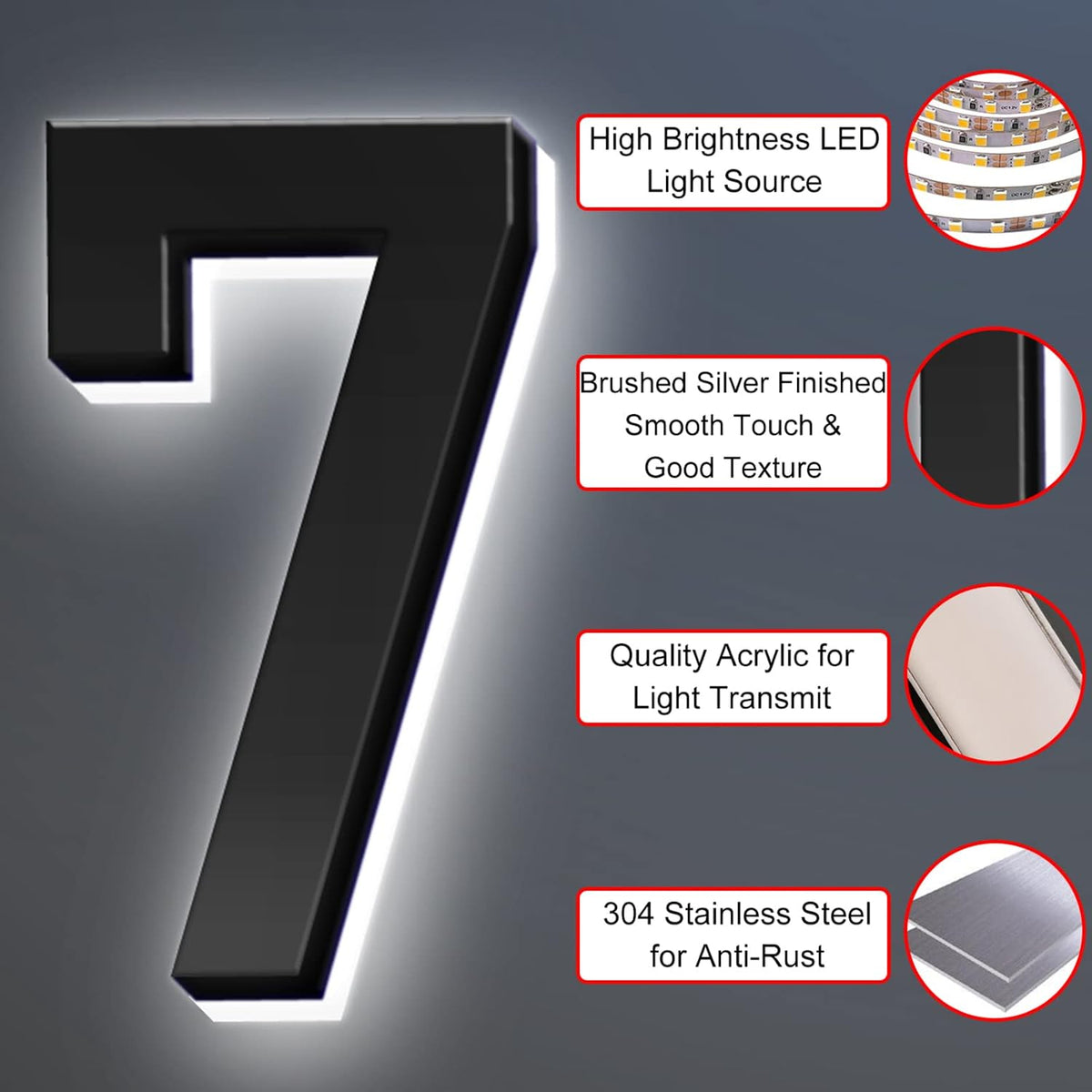 Stainless Steel Modern Backlit LED Illuminated Home Address Number,Illuminated Address Sign Plaque House Numbers LED Lighted, Light Up House Numbers,20 Inch/500mm,B