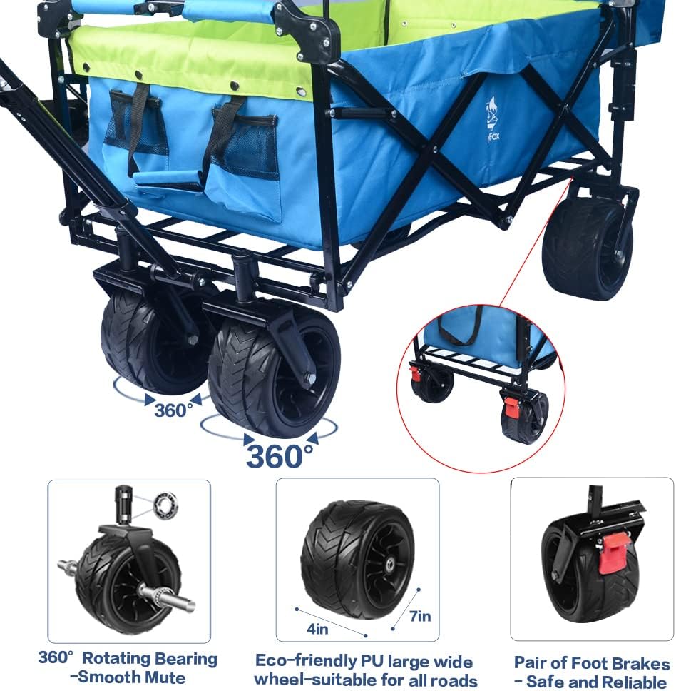Collapsible Wagon Heavy Duty Folding Wagon Cart with Removable Canopy, 4' Wide Large All Terrain Wheels, Brake, Adjustable Handles,Cooler Bag Utility Carts for Outdoor Garden Wagons Carts Beach Cart