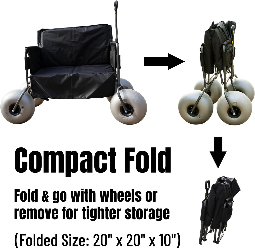 Beach Wagon with 13'' Balloon Wheels, Foldable Cart Converts into a 2-Person Sofa for Adults, Wheel Chair Wagon Bench Love Seat Combo with Big Wheels for Sand