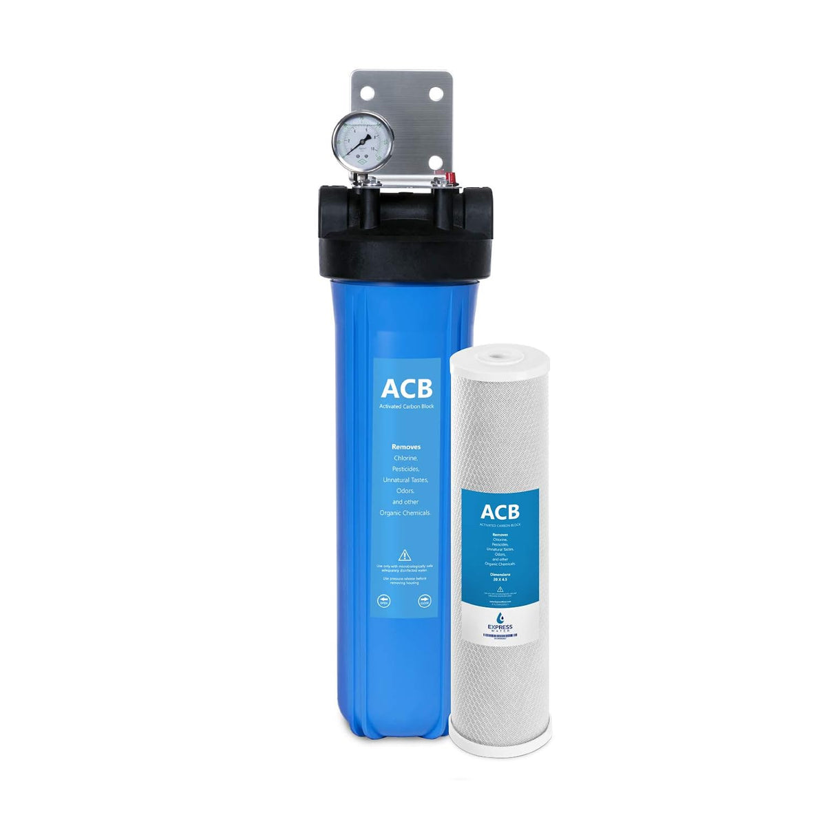 Express Water Whole House Water Filter, 1 Stage Home Water Filtration System, Carbon Filter, Includes Pressure Gauges, Easy Release, and 1 Inch Connections.