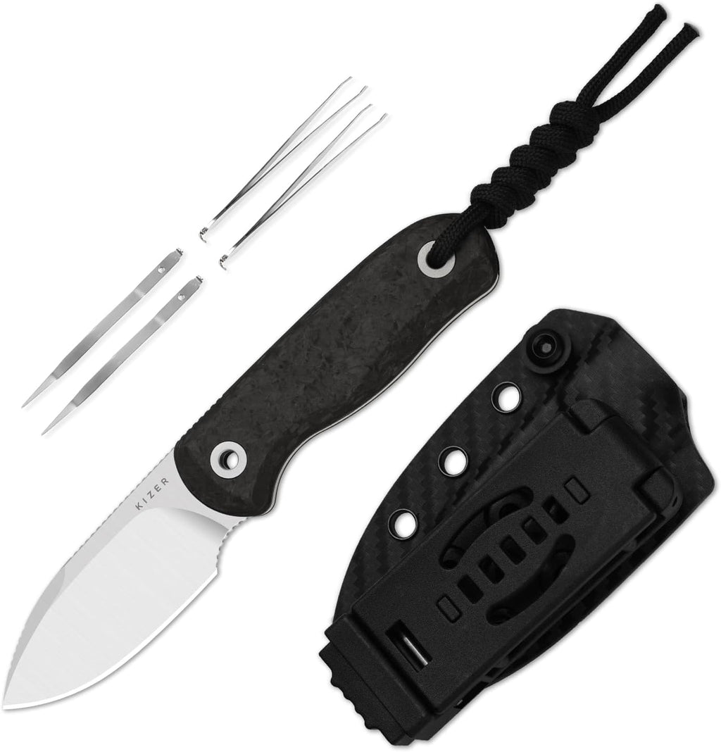 Kizer Drop Bear Fixed Blade Knife, 2.57' M390 Satin Blade EDC Camping Knife with Black Carbon Fiber Handle & Built-in Tools, Outdoor Small Hunting Survival Knives with Kydex Sheath, 1094A3