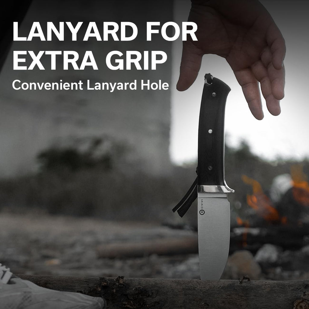 CIVIVI EDC Fixed Blade Knife with Leather Sheath, 4.6' Nitro-V Blade G10 Handle, Full Tang Cloud Peak Knife with Lanyard and Nickel Silver Guard C23044-1 (Black)
