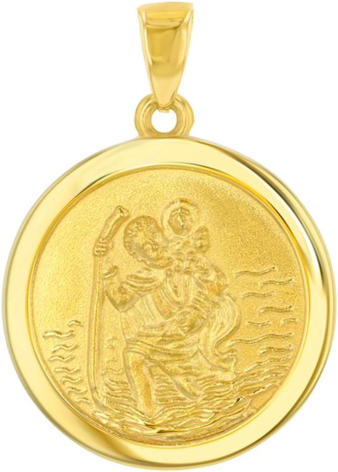 14k Yellow Gold Round Saint Christopher Medal Pendant Figaro Chain Necklace